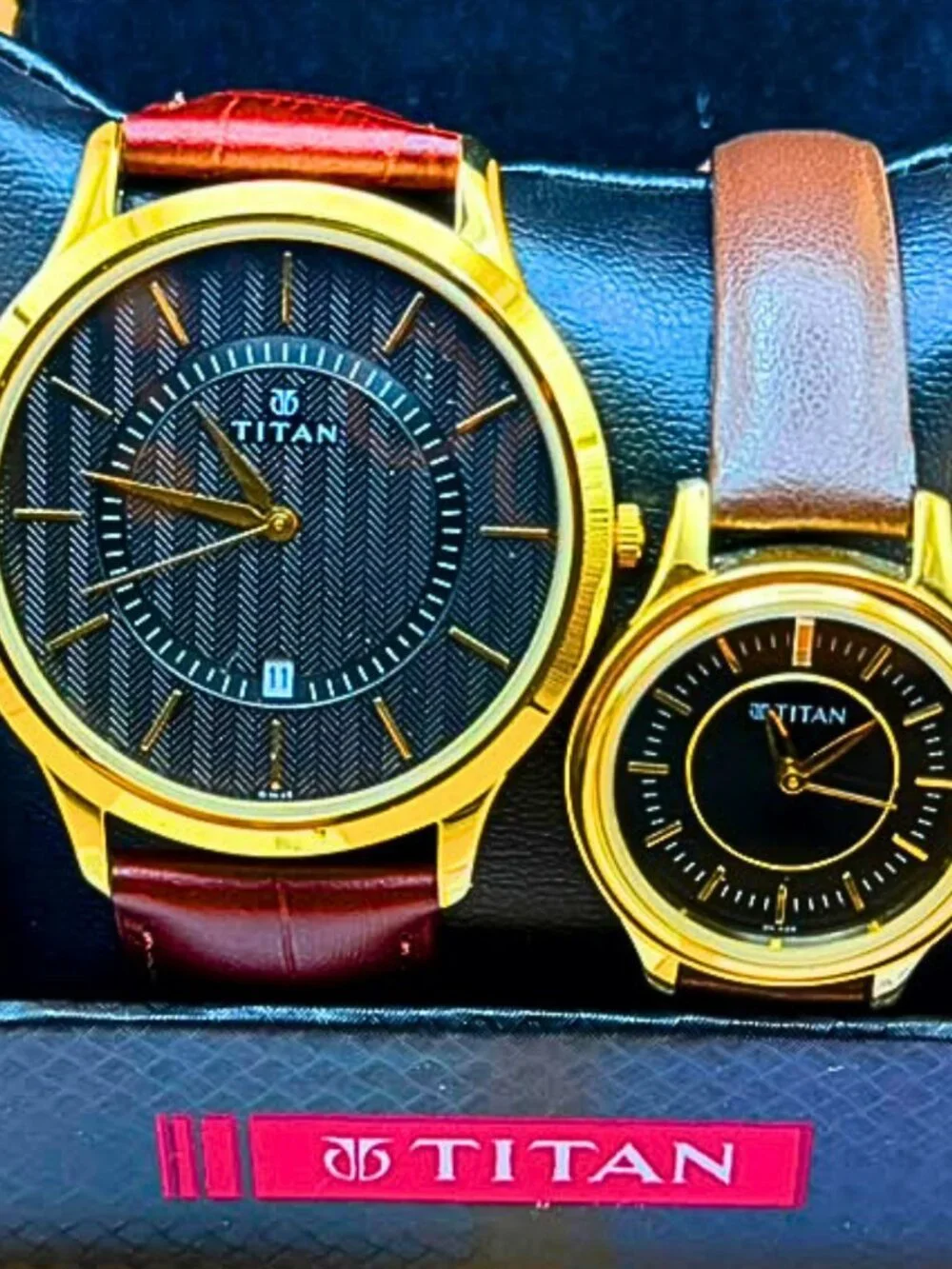 Titan Couple Watch Day Date Champagne Dial Brown Leather Quartz - Unused